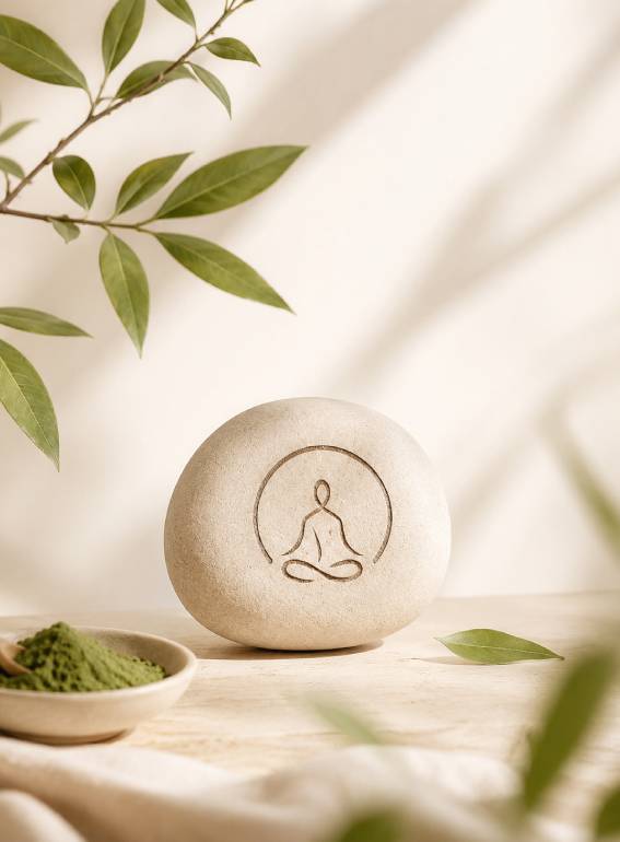 Calm wellness still life — engraved stone, greens, and herbal powder
